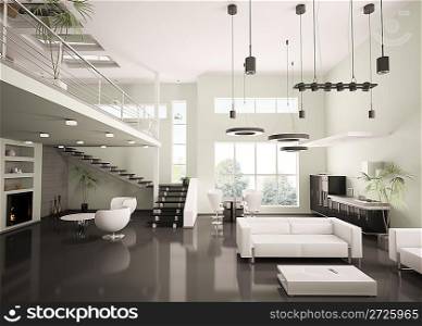 Interior of modern apartment living room kitchen 3d render