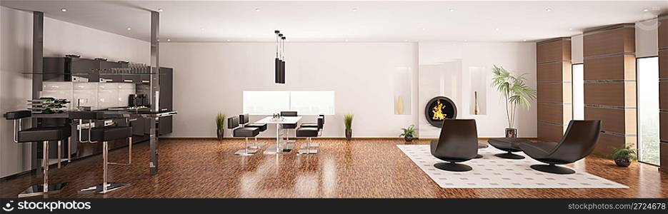 Interior of modern apartment living room kitchen panorama 3d render
