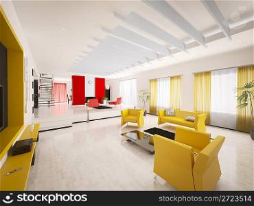 Interior of modern apartment with staircase and fireplace 3d render