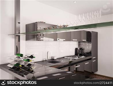 Interior of modern black kitchen 3d render