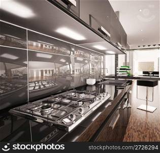 Interior of modern black kitchen with gas cooker 3d render