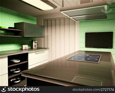 Interior of modern black white kitchen 3d render