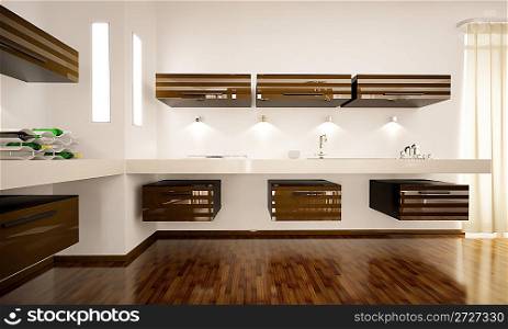 Interior of modern brown kitchen 3d render