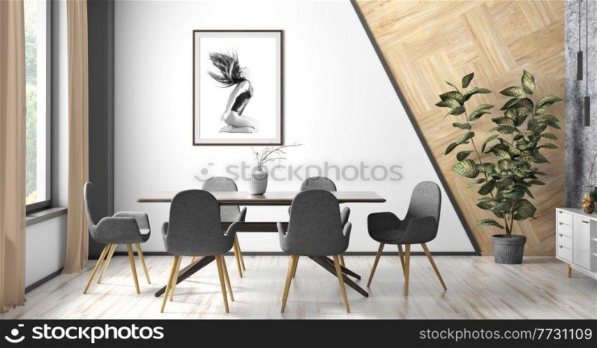 Interior of modern dining or living room, scandinavian home with brown wooden table and black chairs against white wall with poster 3d rendering