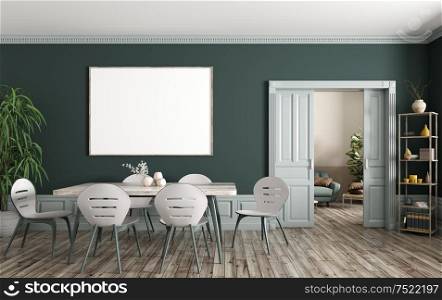 Interior of modern dining room and living room, wooden table and chairs against green wall with big mock up poster frame, sliding doors 3d rendering
