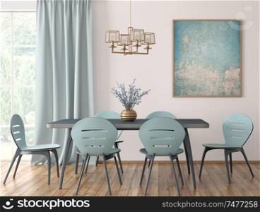Interior of modern dining room, blue table and chairs against white wall with big window and curtain 3d rendering
