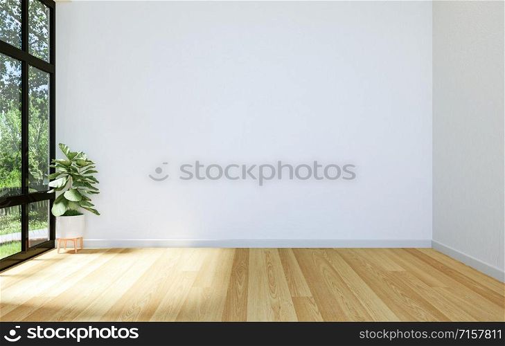 Interior of Modern Empty Hall Open Space with Large Window and Hardwood Floor, 3D Rendering