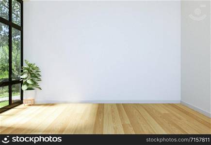Interior of Modern Empty Hall Open Space with Large Window and Hardwood Floor, 3D Rendering