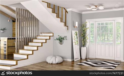 Interior of modern entrance hall with door and staircase 3d rendering