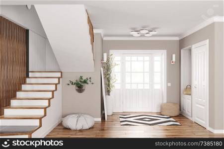 Interior of modern entrance hall with doors and staircase 3d rendering