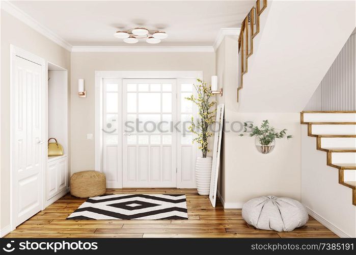 Interior of modern entrance hall with doors and staircase 3d rendering