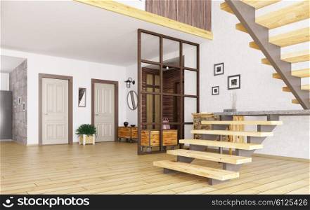Interior of modern entrance hall with staircase 3d render