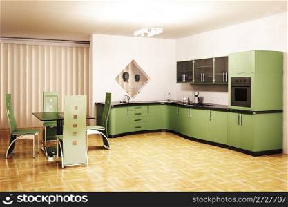 Interior of modern green kitchen 3d render