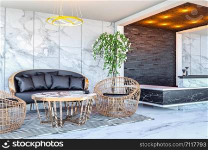 Interior of modern hotel lobby area and reception desk, 3D Rendering