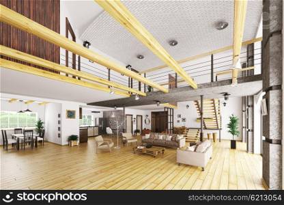 Interior of modern house, living room, hall, kitchen, staircase 3d rendering
