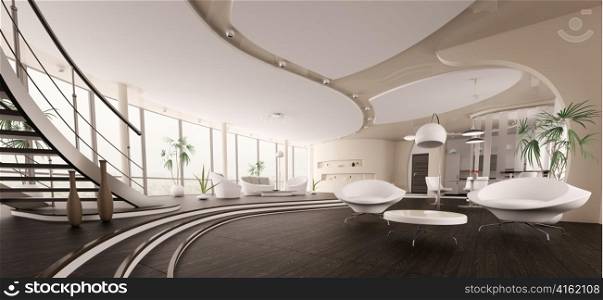 Interior of modern house living room kitchen hall panorama 3d render