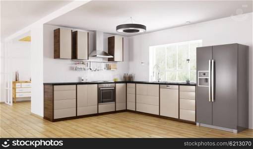 Interior of modern kitchen, fridge,dishwasher,oven 3d rendering