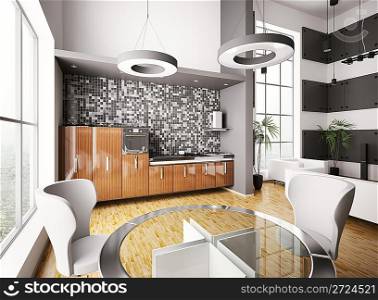 Interior of modern kitchen made with ebony wood 3d render