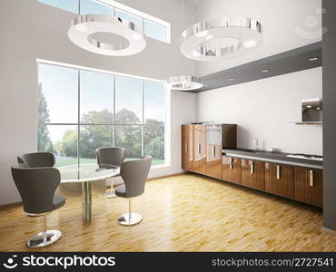 Interior of modern kitchen made with ebony wood 3d render