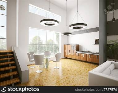 Interior of modern kitchen made with ebony wood 3d render