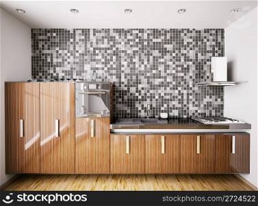 Interior of modern kitchen made with ebony wood over mosaic wall 3d render