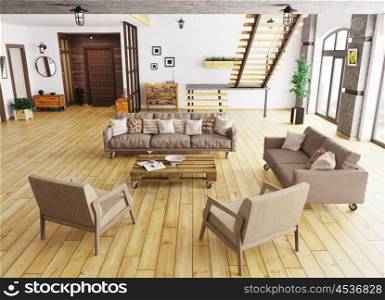 Interior of modern living room, hall, staircase 3d rendering