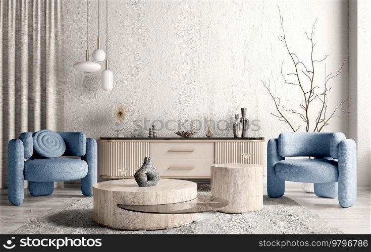Interior of modern living room with beige sideboard over white stucco wall. Contemporary room with dresser and coffee tables and blue armchairs. Home design. 3d rendering