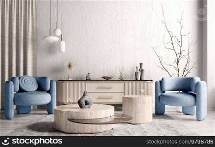 Interior of modern living room with beige sideboard over white stucco wall. Contemporary room with dresser and coffee tables and blue armchairs. Home design. 3d rendering