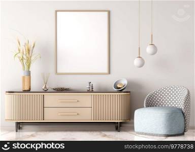 Interior of modern living room with beige sideboard over white wall. Contemporary room with  dresser and blue armchair. Marble flooring. Home design with pendant lights and mock up poster frame. 3d rendering
