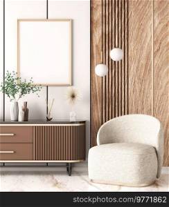 Interior of modern living room with beige sideboard over wooden paneling wall. Contemporary room with  dresser and armchair. Home design with pendant lights and mock up poster frame. 3d rendering
