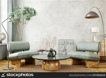 Interior of modern living room with black floor l&s, wooden coffee table and two green armchairs over the stucco wall. Home design. 3d rendering
