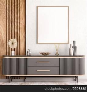 Interior of modern living room with black sideboard over white wall with wooden paneling. Contemporary room with dresser. Home design with empty poster. 3d rendering