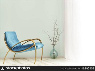 Interior of modern living room with blue armchair against of window 3d rendering
