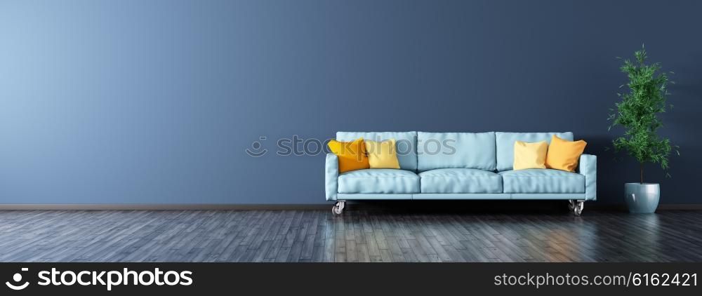 Interior of modern living room with blue sofa panorama 3d rendering