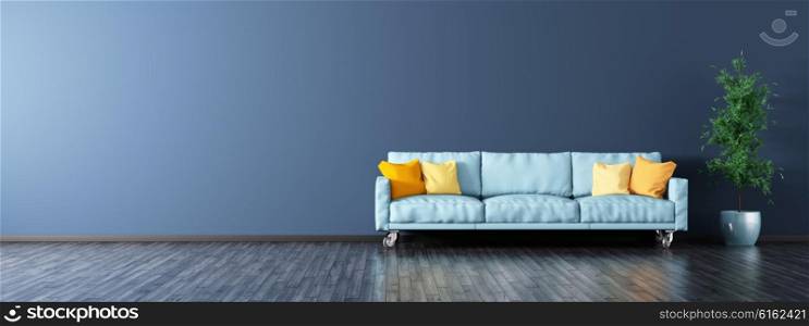 Interior of modern living room with blue sofa panorama 3d rendering