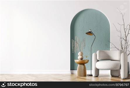 Interior of modern living room with brass coffee table and white armchair, empty wall and turquoise arch. Floor l&in home design. 3d rendering