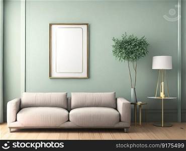 Interior of modern living room with empty white picture frame on wall. Generative AI.