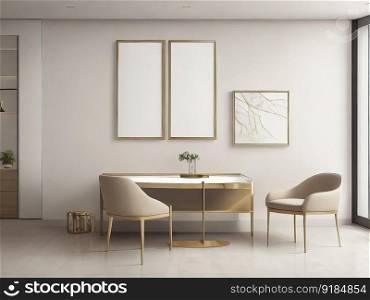 Interior of modern living room with empty white picture frames on wall. Generative AI.