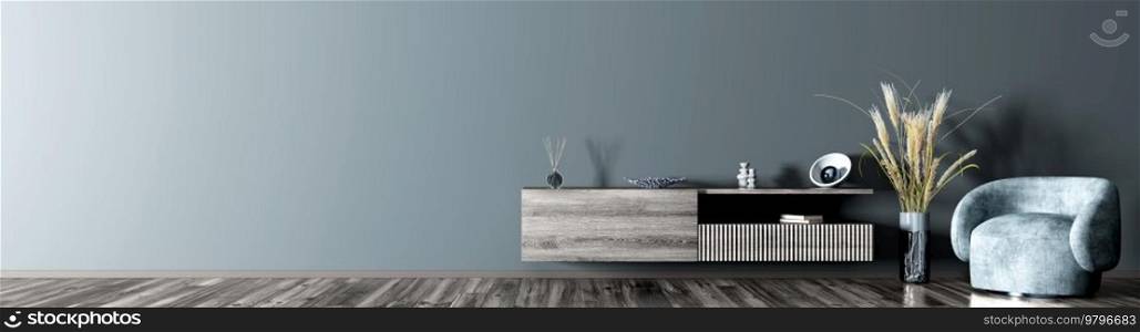 Interior of modern living room with gray wooden sideboard over blue wall. Contemporary room with armchair. Home design. Wall with copy space. Panorama. 3d rendering