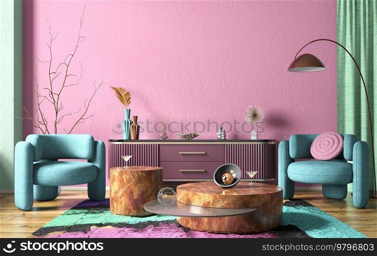Interior of modern living room with purple sideboard over pink stucco wall. Contemporary room with dresser and coffee tables and blue armchairs. Home design. 3d rendering