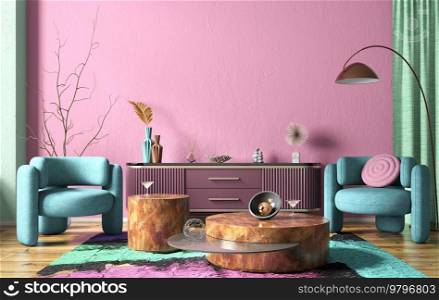 Interior of modern living room with purple sideboard over pink stucco wall. Contemporary room with dresser and coffee tables and blue armchairs. Home design. 3d rendering