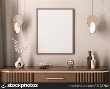 Interior of modern living room with sideboard and empty frame over beige wall. Contemporary room with dresser. Home design with mock up poster. Pendant lights, art deco interior style. 3d rendering