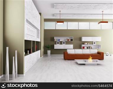 Interior of modern living room with sofa and fireplace 3d render