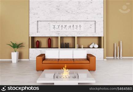 Interior of modern living room with sofa and fireplace