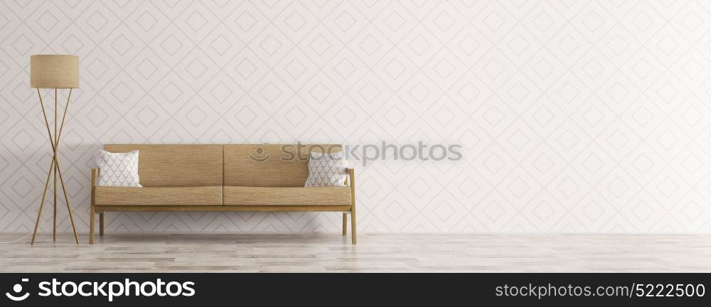 Interior of modern living room with sofa and floor lamp panorama 3d rendering