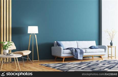 Interior of modern living room with sofa, armchair, coffee table and floor lamp 3d rendering
