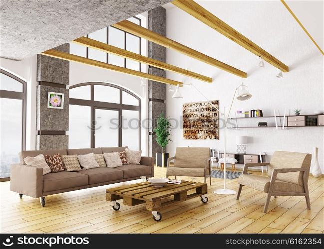 Interior of modern living room with sofa, armchairs and pallet table 3d rendering