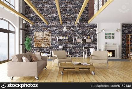 Interior of modern living room with sofa, armchairs, pallet table 3d rendering