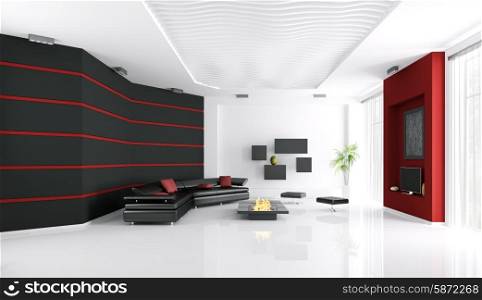 Interior of modern living room with sofa,fireplace and tv 3d render