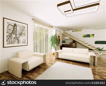 Interior of modern living room with staircase 3d render